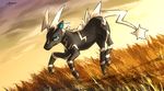  abstract_background ambiguous_gender black_fur black_nose blue_eyes equine feral fur grass katiramoon looking_at_viewer mammal nintendo pok&#233;mon pok&eacute;mon running solo video_games zebra zebstrika 