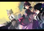  adapted_costume black_hair hat himekaidou_hatate inubashiri_momiji long_hair multiple_girls no_hat no_headwear pointy_ears red_eyes shameimaru_aya short_hair silver_hair sword tokin_hat touhou tragic_comedy twintails weapon 