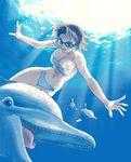  animal bikini brown_hair bubble caustics copyright_request dolphin freediving goggles goggles_on_eyes konsu_konsuke light_rays ocean open_mouth sarashi short_hair smile solo sunbeam sunlight swimming swimsuit underwater water 