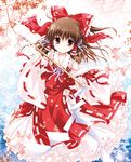  adapted_costume ascot bow brown_eyes brown_hair cherry_blossoms detached_sleeves flower gohei hair_bow hair_tubes hakurei_reimu ribbon-trimmed_clothes ribbon-trimmed_sleeves ribbon_trim short_hair smile solo touhou white-brown 