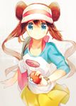  bad_id bag blue_eyes brown_hair double_bun hat holding holding_poke_ball long_hair looking_at_viewer mei_(pokemon) namie-kun no_legwear poke_ball poke_ball_(generic) pokemon pokemon_(game) pokemon_bw2 raglan_sleeves serious shirt skirt solo twintails visor_cap watch wristwatch 