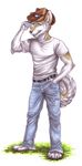  blue_eyes canine clothing grass hat jeans male mammal plain_background shirt solo white_background wielder wolf 