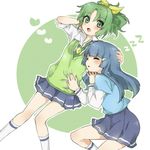  aoki_reika blue_hair blush green_eyes green_hair hand_on_another's_head long_hair lying_on_person midorikawa_nao multiple_girls nanairogaoka_middle_school_uniform open_mouth ponytail precure prussian_blue school_uniform short_hair skirt sleeping sleeves_rolled_up smile_precure! sweater_vest 