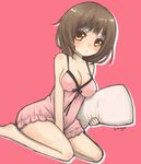  bangs bare_shoulders barefoot between_legs blush breasts brown_hair cleavage dutch_angle from_side full_body hand_between_legs highres looking_at_viewer medium_breasts miyamae_porin nightgown original parted_lips pillow pink_background pursed_lips ribbon seiza shadow short_hair sideboob signature simple_background sitting solo strap_gap underwear underwear_only yellow_eyes 