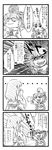  4koma absurdres alternate_headwear berusuke_(beru_no_su) blush_stickers comic diglett gen_1_pokemon greyscale hair_ornament hat highres kochiya_sanae long_hair long_sleeves monochrome mononobe_no_futo multiple_girls open_mouth outstretched_arms pokemon pokemon_(creature) ponytail short_hair smile tate_eboshi touhou translated wide_sleeves 