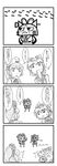  4girls 4koma :3 absurdres alternate_headwear baton berusuke_(beru_no_su) cat chinese_clothes comic cosplay diglett earmuffs felyne gen_1_pokemon greyscale hair_ornament hair_rings hair_stick hat highres kaku_seiga kaku_seiga_(cosplay) miyako_yoshika miyako_yoshika_(cosplay) monochrome mononobe_no_futo monster_hunter multiple_girls ofuda open_mouth outstretched_arms pokemon pokemon_(creature) ritual_baton star sweatdrop tate_eboshi touhou toyosatomimi_no_miko translated zombie_pose 