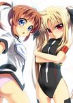  armband ass blonde_hair blue_eyes blush brown_hair crossed_arms fate_testarossa flat_chest grune hair_ribbon long_hair looking_at_viewer lyrical_nanoha mahou_shoujo_lyrical_nanoha mahou_shoujo_lyrical_nanoha_a's mahou_shoujo_lyrical_nanoha_the_movie_2nd_a's multiple_girls open_mouth panties pink_panties red_eyes ribbon takamachi_nanoha thighhighs twintails underwear 