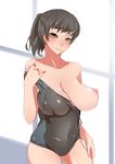  amagami bare_shoulders black_hair breast_slip breasts dek highres huge_breasts nipples one-piece_swimsuit one_breast_out solo strap_slip swimsuit tsukahara_hibiki 