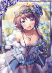  1girl akkijin armpits bare_shoulders blue_dress blue_flower blue_rose breasts card_(medium) dress elf flower garden head_wreath jewelry looking_at_viewer looking_up medium_breasts necklace official_art open_mouth pointy_ears purple_eyes purple_hair rose rose_bush shinkai_no_valkyrie short_hair thighhighs 
