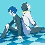  back-to-back black_hair blue_eyes blue_hair checkered checkered_floor evoker gun male_focus mochizuki_ryouji multiple_boys persona persona_3 scarf school_uniform sitting suspenders weapon yuuki_makoto 