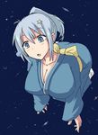  blush breasts cleavage curious earth floating giantess hair_ornament japanese_clothes kimono large_breasts open_mouth ponytail silver_eyes silver_hair space terada_ochiko 