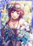  1girl akkijin armpits bare_shoulders blue_dress blue_flower blue_rose breasts card_(medium) dress elf flower garden head_wreath jewelry looking_at_viewer looking_up medium_breasts necklace official_art open_mouth pointy_ears red_eyes red_hair rose rose_bush shinkai_no_valkyrie short_hair thighhighs 