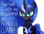  armor dialog dialogue english_text equine eyeshadow feral friendship_is_magic green_eyes helmet horn horse looking_at_viewer makeup male mammal my_little_pony negativefox plain_background pony princess_luna_(mlp) solo sparkles text white_background winged_unicorn wings 