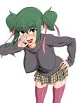  butakoma_300g fellatio_gesture green_hair highres sexually_suggestive skirt sweater thighhighs tongue twintails 