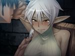  1boy 1girl arm_up armpit armpits bare_shoulders blush bust captive captive_market censored collarbone da_hootch danes_c_asriel dark_elf dark_skin elf game_cg hair_between_eyes holding indoors lilith-soft looking_at_viewer nervous pointy_ears shaving shindou_l short_hair sideburns silver_hair sitting sweat turtleneck upper_body vertical_stripes yellow_eyes 