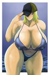 bikini blonde_hair blue_eyes breasts dead_or_alive hat huge_breasts ocean plump pose signal-green simple_background swimsuit tecmo thick_thighs thighs tina_armstrong 