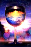  absurdres blurry blurry_background cityscape cloud cloudy_sky comic commentary_request constellation cup drinking_glass gradient_sky highres kumeki_(kk4615) lens_flare no_humans original reflection signature sky sparkle star_(sky) starry_sky still_life sunlight wine_glass 