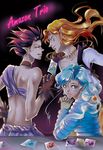  amairo androgynous back bishoujo_senshi_sailor_moon blonde_hair blue_eyes blue_hair bodysuit card fish_eye_(sailor_moon) hawk_eye_(sailor_moon) headband long_hair low-tied_long_hair male_focus multiple_boys pink_hair pointy_ears smile spiked_hair tattoo tiger_eye_(sailor_moon) tongue 