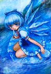  blue_eyes blue_hair blue_skirt blue_sky blush bow cirno food hair_bow ice ice_block lake looking_at_viewer md5_mismatch mountain oil_painting_(medium) open_mouth popsicle shirt short_hair short_sleeves sitting skirt sky solo tafuto touhou wariza water wings 