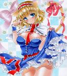  alice_margatroid animal_ears at_classics blonde_hair blue_eyes breasts capelet cat_ears cat_tail cleavage dress dress_lift frills hairband kemonomimi_mode large_breasts panties pantyshot ribbon sample short_hair side-tie_panties smile solo tail tail_ribbon touhou traditional_media underwear white_panties wrist_cuffs 