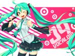  39 ;d \m/ aqua_eyes bare_shoulders detached_sleeves hatsune_miku holding long_hair microphone nail_polish necktie one_eye_closed open_mouth sasetsu skirt smile solo thighhighs twintails very_long_hair vocaloid 