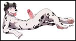  anthro black_hair black_nose blue_eyes blush canine dalmatian dog erection fur hair hindpaw looking_at_viewer male mammal nipples nude open_mouth panting pawpads paws penis plain_background pose redrusker solo spots tongue white_background white_fur 