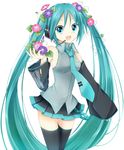  :d aqua_eyes aqua_hair bad_id bad_pixiv_id bare_shoulders black_legwear cowboy_shot detached_sleeves flower goma_(11zihisin) hair_flower hair_ornament hatsune_miku headset holding long_hair morning_glory necktie open_mouth simple_background skirt smile solo thigh_gap thighhighs twintails very_long_hair vocaloid white_background 