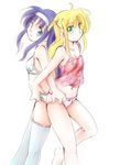  arisa_bannings blonde_hair blue_eyes green_eyes jason_(kaiten_kussaku_kikou) long_hair looking_at_viewer lyrical_nanoha mahou_shoujo_lyrical_nanoha multiple_girls panties purple_hair simple_background smile thighhighs tsukimura_suzuka underwear underwear_only white_background 