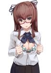  :q bra breasts brown_eyes brown_hair glasses medium_breasts miyamoto_issa open_clothes original red-framed_eyewear short_hair simple_background skirt solo tongue tongue_out underwear white_background 
