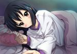  alternate_hairstyle bed black_hair blurry blush brown_eyes depth_of_field foreshortening hair_down highres k-on! long_hair looking_at_viewer lying nakano_azusa on_side outstretched_arm pajamas pillow pov ryunnu smile solo 