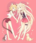  akiyoshi_(tama-pete) animal_ears barefoot blonde_hair blue_eyes braid cat cat_ears cat_tail dog dog_ears dog_tail heart holding_hands ia_(vocaloid) kagamine_rin kemonomimi_mode long_hair looking_at_viewer multiple_girls open_mouth pink_background pink_hair short_hair smile tail thigh_strap twin_braids v very_long_hair vocaloid 