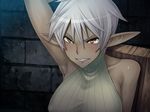  1girl angry arm_up armpit armpit_hair armpits bare_shoulders blush bust captive captive_market censored clenched_teeth collarbone da_hootch danes_c_asriel dark_elf dark_skin elf female game_cg hair_between_eyes indoors lilith-soft looking_at_viewer pointy_ears shindou_l short_hair silver_hair sitting solo sweat teeth turtleneck upper_body vertical_stripes yellow_eyes 
