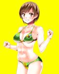  abs adapted_costume bad_id bad_pixiv_id bikini breasts brown_eyes brown_hair clenched_hands grin large_breasts persona persona_4 pins satonaka_chie sen_(sansui) short_hair simple_background smile solo swimsuit toned underboob zipper 