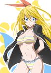  arms_behind_back ass_visible_through_thighs bandeau bikini blonde_hair blue_eyes breasts groin highres jacket_on_shoulders kirisaki_chitoge long_hair medium_breasts multicolored multicolored_stripes nisekoi ribbon side-tie_bikini solo strapless striped swimsuit toned tubetop underboob zero_(19851107) 