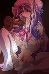  breasts bukkake censored cum cum_in_mouth cum_in_pussy cum_on_hair cum_on_tongue dildo hat highres huge_breasts licking long_hair patchouli_knowledge penis purple_hair pussy solo spread_legs sweat thighhighs tongue touhou wanaata 
