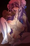  breasts bukkake censored condom cum cum_in_mouth cum_in_pussy cum_on_body cum_on_breasts cum_on_hair cum_on_tongue cum_on_upper_body dildo hat highres huge_breasts licking long_hair nude patchouli_knowledge penis purple_hair pussy solo spread_legs sweat thighhighs tongue touhou used_condom wanaata 