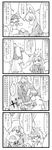  4koma =_= anger_vein animal_ears berusuke_(beru_no_su) blush blush_stickers bunny_ears carrot comic cross first_aid_kit fourth_wall greyscale highres inaba_tewi long_hair long_sleeves monochrome multiple_girls necktie open_mouth puffy_sleeves reisen_udongein_inaba short_hair short_sleeves skirt_grab sweatdrop tears thighhighs touhou translated very_long_hair 
