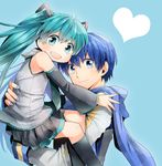  1girl age_difference ahoge aqua_eyes aqua_hair bad_id bad_pixiv_id blue_eyes blue_hair blue_scarf detached_sleeves hatsune_miku irono_(irtyu) kaito long_hair looking_at_viewer necktie scarf skirt smile thighhighs twintails vocaloid younger 