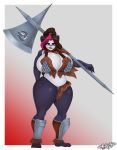  anthro armor axe big_breasts bra breasts clothed clothing curvaceous female giant_panda huge_breasts looking_at_viewer mammal melee_weapon rumpaf_(artist) slightly_chubby solo standing thick_thighs tribal underwear ursid weapon 