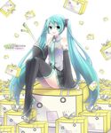  aqua_hair boots detached_sleeves green_eyes hatsune_miku headset hirako kagamine_rin long_hair necktie niconico sitting skirt solo spring_onion thigh_boots thighhighs twintails very_long_hair vocaloid 