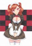  apron bad_id bad_pixiv_id blush bow breast_squeeze breasts checkered checkered_background cleavage copyright_request dress frills kirikirimai_(kkm) large_breasts looking_at_viewer maid maid_headdress orange_hair red_eyes smile solo standing thighhighs traditional_media twintails zettai_ryouiki 