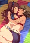  2girls akazawa_izumi another bikini blush glasses hug kiss sugiura_takako twintails yuri 