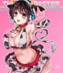  animal_ears animal_print bad_id bad_pixiv_id bell bell_collar blush breasts brown_eyes brown_hair collar cow_bell cow_ears cow_horns cow_print elbow_gloves gloves headset highres horns idolmaster idolmaster_cinderella_girls large_breasts minagi_aki oikawa_shizuku open_mouth short_hair 