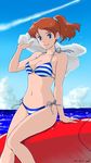  bikini blue_eyes breasts brown_hair day emi_(green_wave) fio_piccolo highres kurenai_no_buta long_hair medium_breasts ponytail solo striped striped_bikini swimsuit towel 