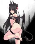  ass bat_wings bikini black_hair bow demon_girl feet gloves hair_bow highres horns long_hair original pink_eyes pointy_ears shirajira solo succubus swimsuit tail thigh_strap wings 