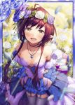  1girl akkijin armpits bare_shoulders blue_dress blue_flower blue_rose breasts card_(medium) dress elf flower garden head_wreath jewelry looking_at_viewer looking_up medium_breasts necklace official_art open_mouth pointy_ears purple_flower purple_rose red_eyes red_hair rose rose_bush shinkai_no_valkyrie short_hair thighhighs white_flower white_rose 