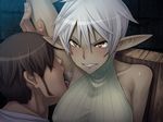  1boy 1girl angry arm_up armpit_hair armpit_licking armpits bare_shoulders blush brown_hair bust captive captive_market censored clenched_teeth collarbone da_hootch danes_c_asriel dark_elf dark_skin elf game_cg hair_between_eyes indoors licking lilith-soft looking_at_viewer pointy_ears shindou_l short_hair sideburns silver_hair sitting sweat teeth turtleneck upper_body vertical_stripes yellow_eyes 