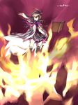  aisha_(elsword) artist_name bad_id bad_pixiv_id book coat elemental_master_(elsword) elsword fire highres long_hair ponytail purple purple_background purple_eyes purple_hair purple_skirt skirt solo swd3e2 thighhighs 