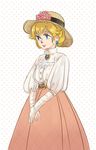  alternate_costume blonde_hair blue_eyes commentary earrings elbow_gloves english_commentary flower gloves hat hat_flower jewelry long_skirt mario_(series) princess_peach rubber-soul short_hair skirt smile solo sun_hat super_mario_bros. victorian white_gloves 