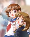  brown_eyes brown_hair jacket kiyosumi_school_uniform long_hair long_sleeves mahjong mahjong_tile miyanaga_saki mizuki_hitoshi multiple_girls neckerchief ponytail red_eyes red_neckwear saki saki_achiga-hen school_uniform serafuku short_hair takakamo_shizuno track_jacket 